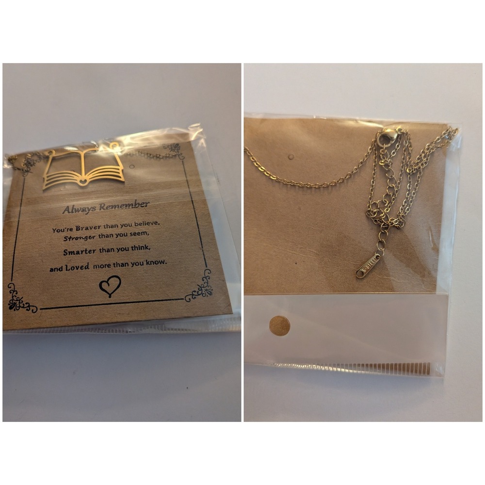 Gold Open Book Pendant Necklace Stainless Steel Inspirational Gift for Readers